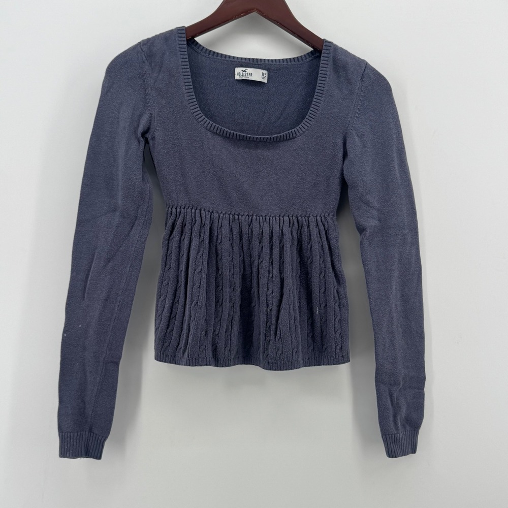 Hollister Womens XS Blue Gray Cable Knit Babydoll Peplum Scoop Neck Sweater